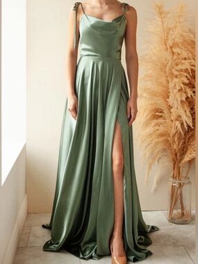 Moira Khaki | Cowl Neck Satin Maxi Dress with High Slit